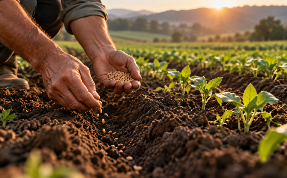 Manos sembrando semillas en tierra fértil junto a plantas jóvenes, con la luz del amanecer al fondo.